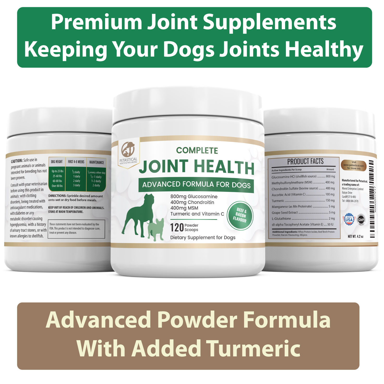 Petastical Hip and Joint Powder Supplement for Dogs (120 Scoops