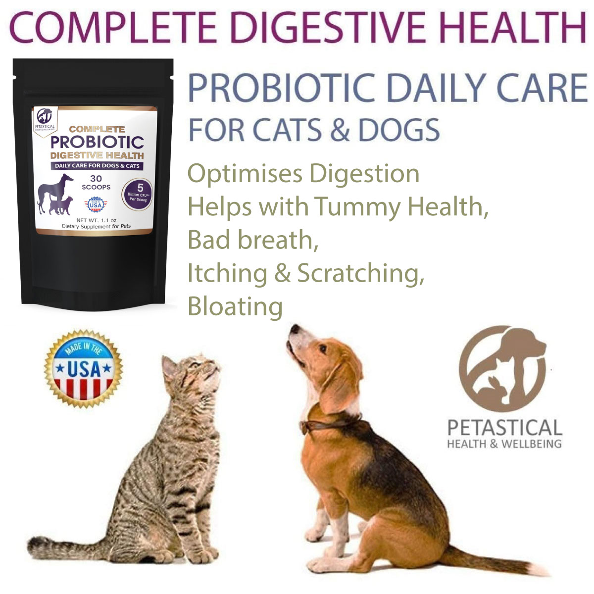 Petastical Probiotic Powder for Dogs and Cats (30 Scoop) Petastical